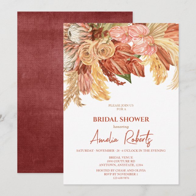 Terracotta Boho Floral Bridal Shower Invitation (Front/Back)