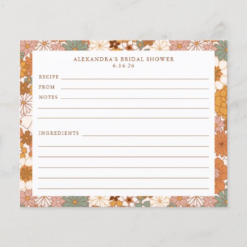 Terracotta Boho Floral Bridal Shower Recipe Card