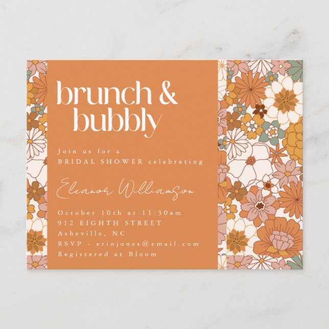 Terracotta Boho Floral Brunch Bubbly Bridal Shower Postcard (Front)