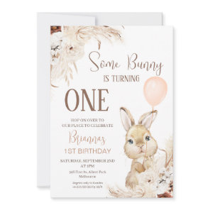 Terracotta Boho Floral Bunny Balloon 1st Birthday Invitation