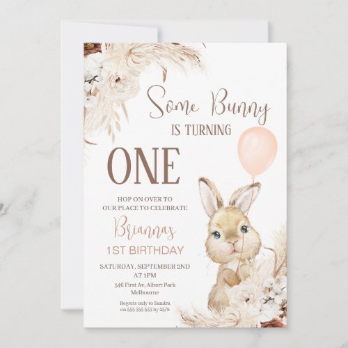 Terracotta Boho Floral Bunny Balloon 1st Birthday Invitation