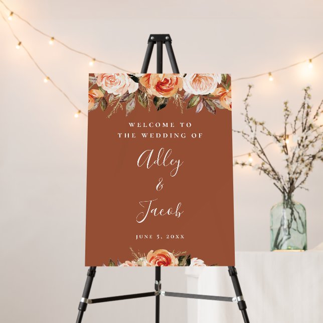 Terracotta Boho Floral Fall Wedding Welcome Sign (In Situ (Stand))