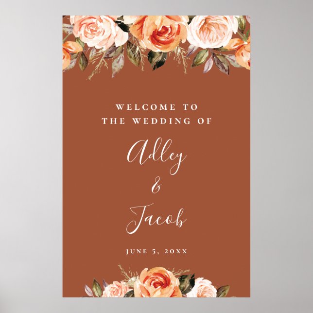 Terracotta Boho Floral Fall Wedding Welcome Sign (Front)