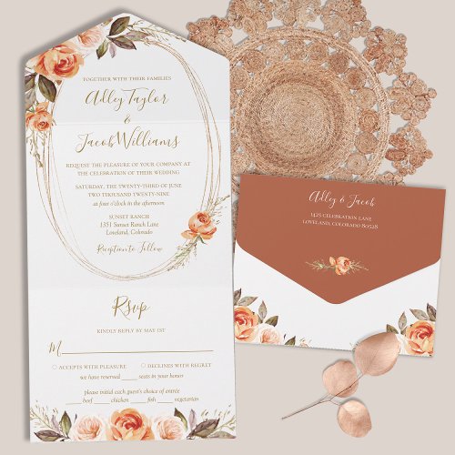 Terracotta Boho Floral Fall Wedding with RSVP All In One Invitation