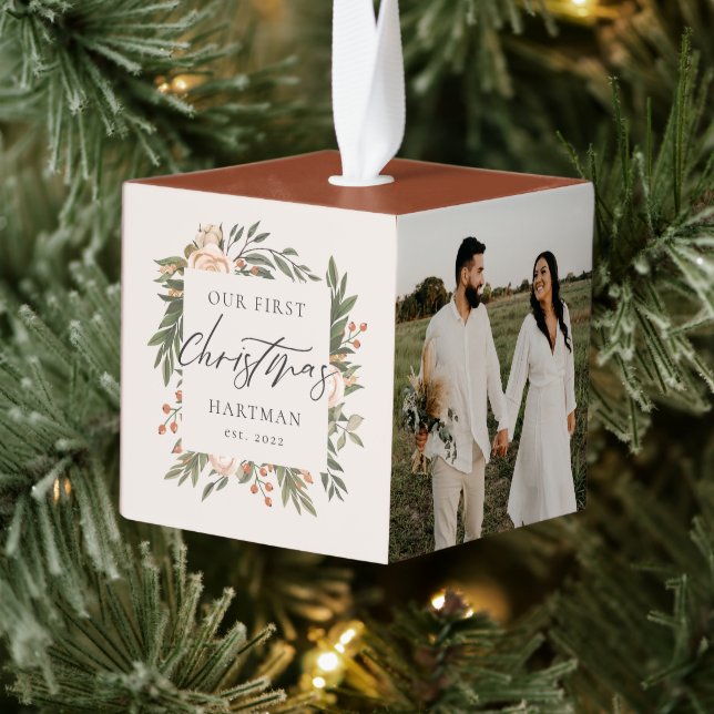 Terracotta Boho Floral First Christmas Newlywed Cube Ornament (Tree)
