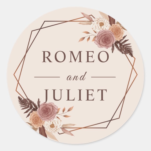 Terracotta Boho Floral Geometric Wedding Classic Round Sticker (Front)