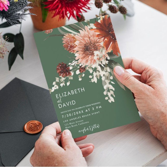 Terracotta Boho Floral Olive Green Wedding Invitation (Creator Uploaded)