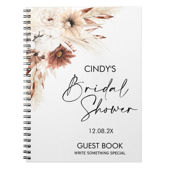 Terracotta Boho Floral Pampas Bridal Shower Guest Notebook (Front)