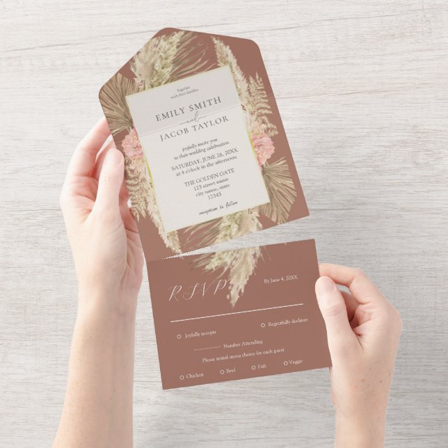 Terracotta Boho Floral wedding All In One Invitation (Tearaway)