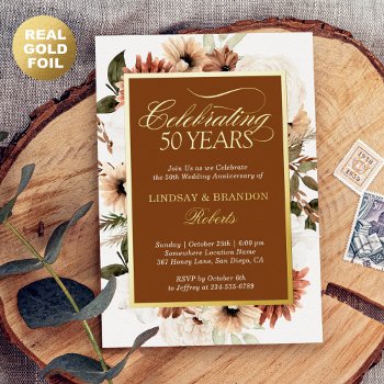Terracotta Boho Floral Wedding Anniversary Gold Foil Invitation by CardHunter at Zazzle