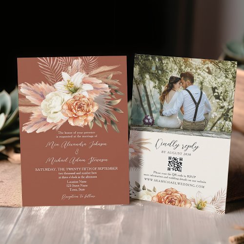 Terracotta Boho Floral Wedding QR Code Invitation