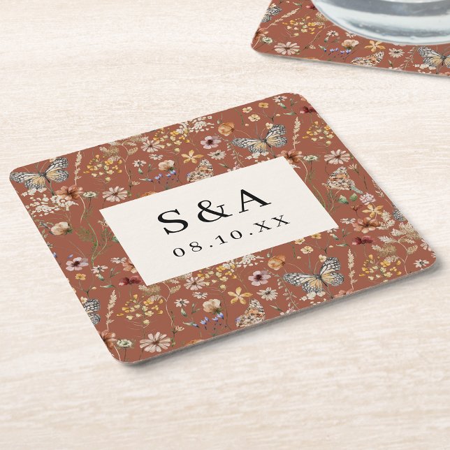 Terracotta Boho Floral Wedding Square Paper Coaster (Terracotta Boho Floral Wedding Square Paper Coaster Monogrammed by Painted Paperie
)