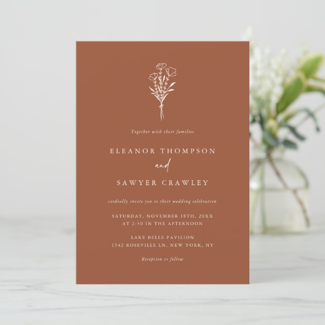 Terracotta Boho Minimalist Botanicals Wedding Invitation (Standing Front)