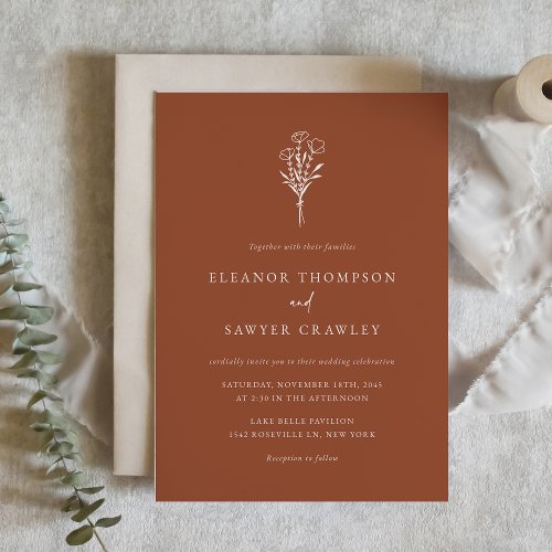 Terracotta Boho Minimalist Botanicals Wedding Invitation
