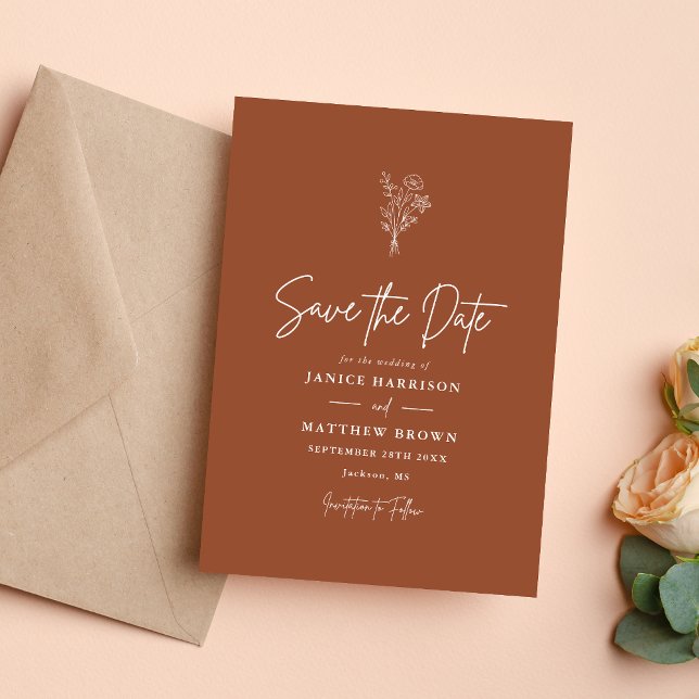 Terracotta Boho Minimalist Botanicals Wedding Save The Date (Creator Uploaded)