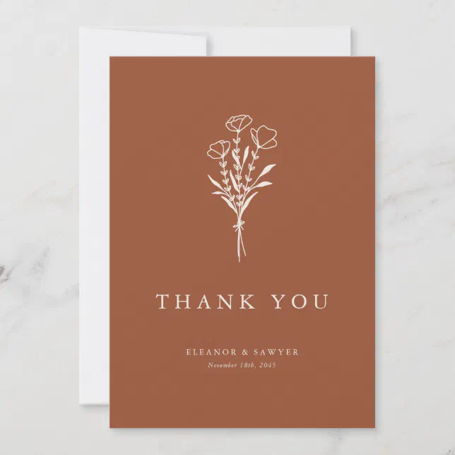 Terracotta Boho Minimalist Botanicals Wedding Thank You Card | Zazzle