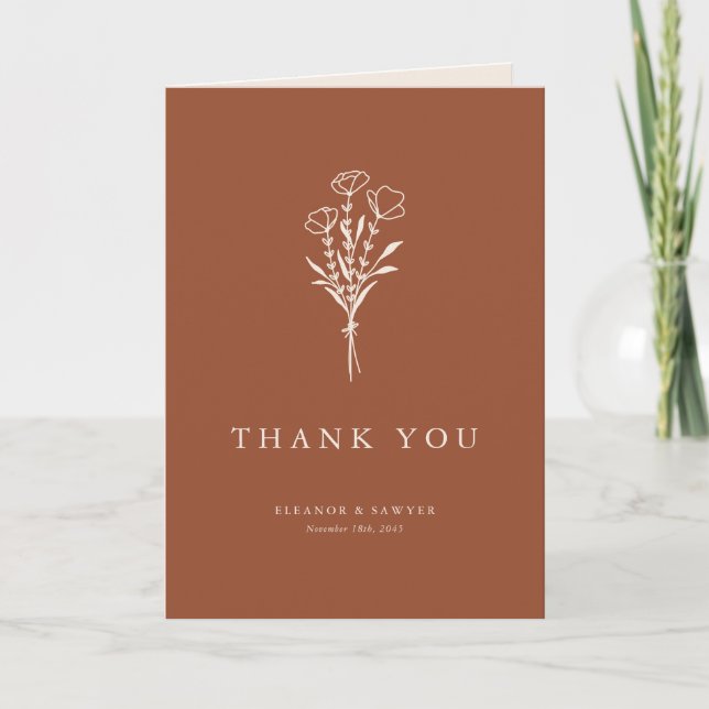 Terracotta Boho Minimalist Botanicals Wedding Thank You Card (Front)