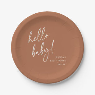 Terracotta Boho Minimalist Hello Baby Shower Paper Plates