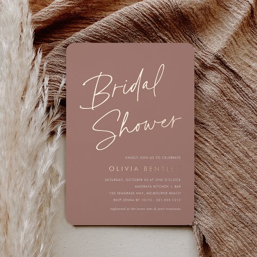Terracotta  Boho Minimalist Script Bridal Shower Foil Invitation