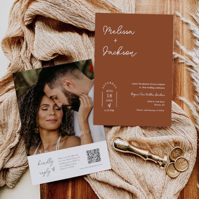 Terracotta Boho Minimalist Wedding QR Code Photo   Invitation (Creator Uploaded)