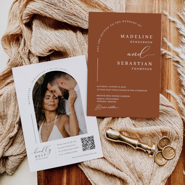 Terracotta Boho Modern Minimal Arch Photo QR Code  Invitation (Creator Uploaded)
