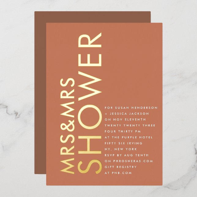 Terracotta Boho Mrs & Mrs COUPLES Bridal Shower Foil Invitation (Front/Back)