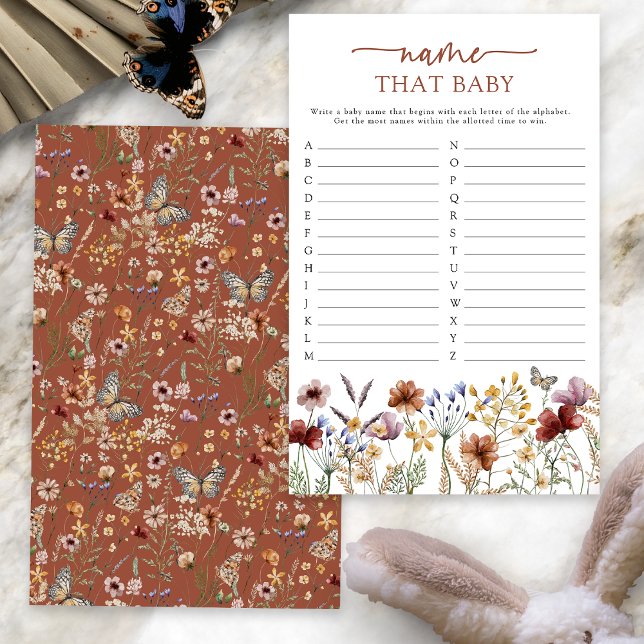 Terracotta Boho Name That Baby Game (Terracotta Boho Floral Name That Baby Game Card with Butterfly by Painted Paperie
)