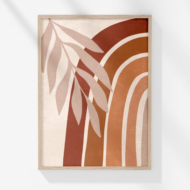 Terracotta Boho Palm Leaf Rainbow Wall Art Print (Boho Muted Neutral Abstract Rainbow and Leaves Art Poster in a wooden frame on a sunny white wall.)