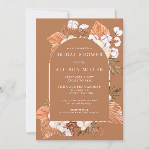 Terracotta Boho Pampas Arched Bridal Shower Invitation