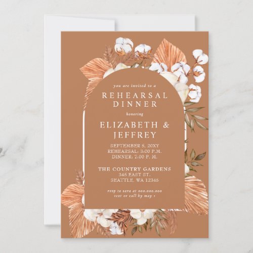 Terracotta Boho Pampas Arched Rehearsal Dinner Invitation