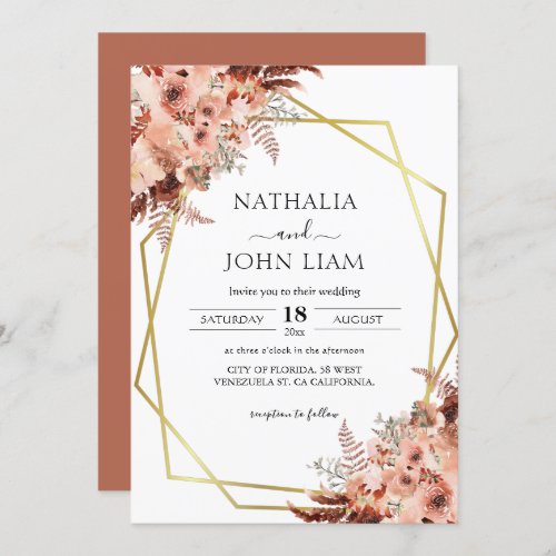 Terracotta Boho Pampas Geometric Gold Wedding Invitation