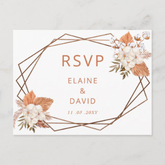Terracotta Boho Pampas Geometric Wedding RSVP Invitation Postcard