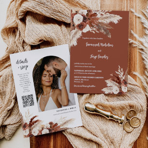 Terracotta Boho Pampas Grass Arch Photo QR Code Invitation