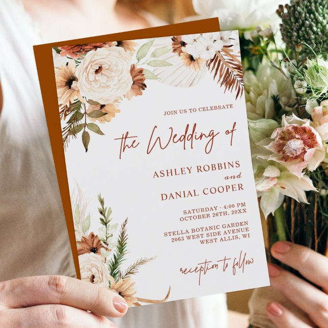 Terracotta Boho Pampas Grass Floral Autumn Wedding Invitation