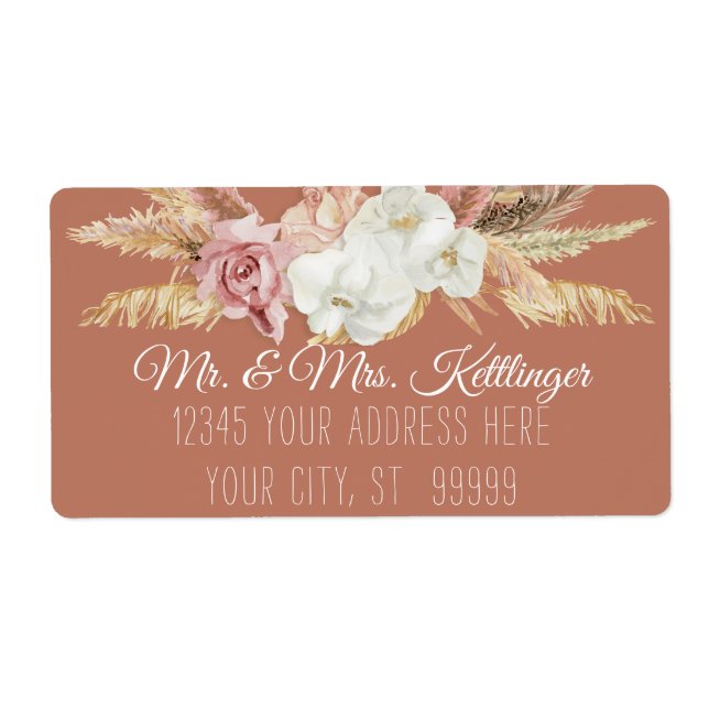 Terracotta Boho Pampas Palm Blush Floral Greenery Label (Front)