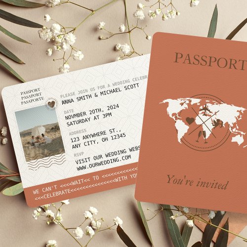 Terracotta Boho Passport Destination Wedding Invitation