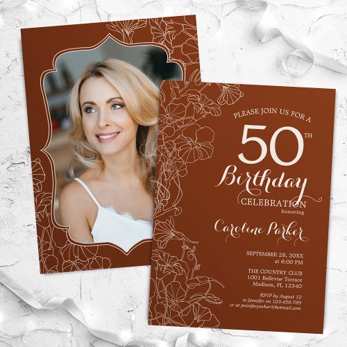 Terracotta Boho Photo 50th Birthday Party Invitation