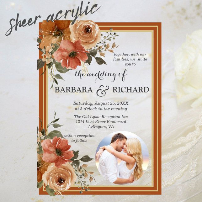 Terracotta Boho Photo Floral Watercolor Wedding Acrylic Invitations (Creator Uploaded)