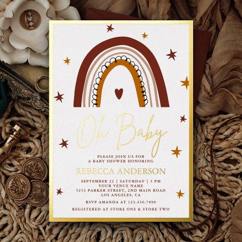 Terracotta Boho Rainbow Baby Shower Gold Foil Invitation