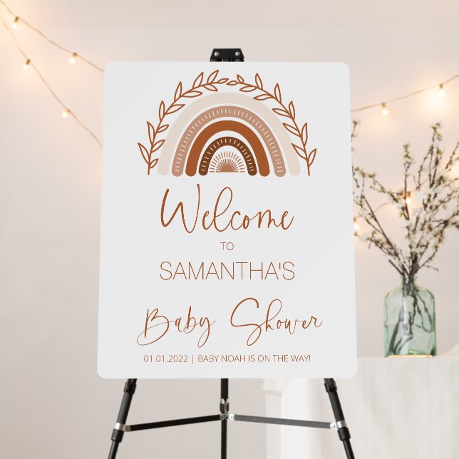 Terracotta Boho Rainbow Baby Shower Welcome Sign (In Situ (Stand))