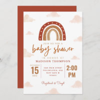 Terracotta Boho Rainbow Clouds Baby Shower Invitation