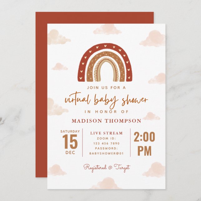 Terracotta Boho Rainbow Clouds Virtual Baby Shower Invitation (Front/Back)