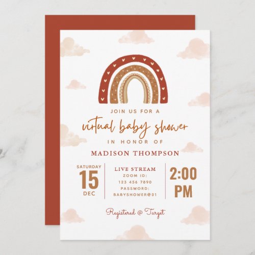 Terracotta Boho Rainbow Clouds Virtual Baby Shower Invitation