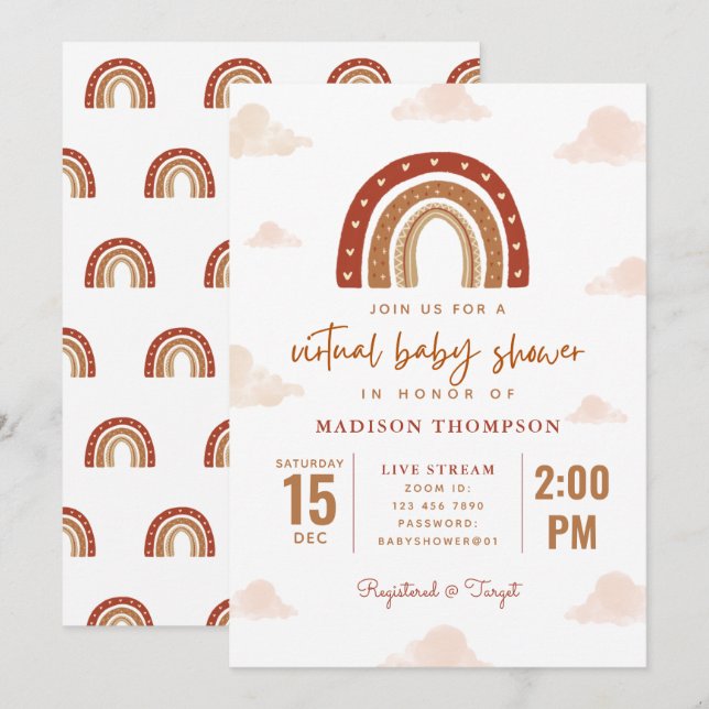 Terracotta Boho Rainbow Clouds Virtual Baby Shower Invitation (Front/Back)