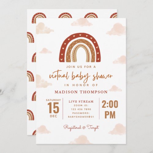 Terracotta Boho Rainbow Clouds Virtual Baby Shower Invitation