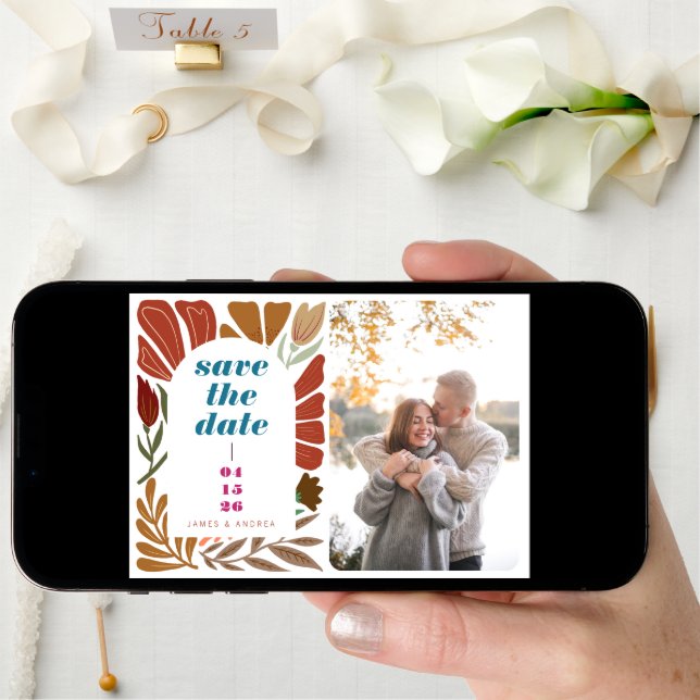 Terracotta Boho Retro Bright Floral Wedding Photo Save The Date (Front Digital)