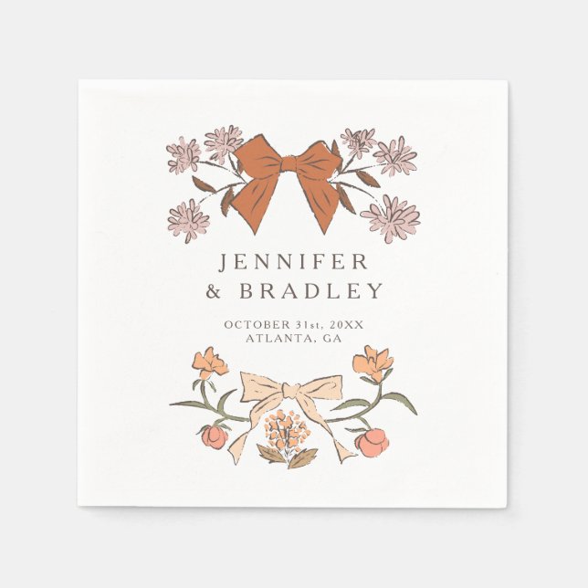 Terracotta Boho Ribbons and Flowers Wedding Napkins (Front)