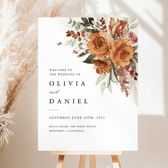 Terracotta Boho Rose Floral Wedding Welcome Sign (Terracotta boho rose floral welcome wedding sign with watercolor roses for garden ceremony)