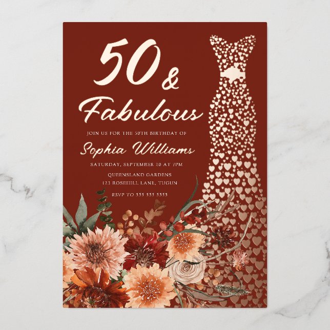Terracotta Boho Rose Gold Dress 50th Birthday Foil Invitation (Front)