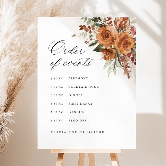 Terracotta Boho Rose Order of Events Wedding Sign (Terracotta floral order of events wedding sign with rose watercolor, elegant boho timeline ceremony)